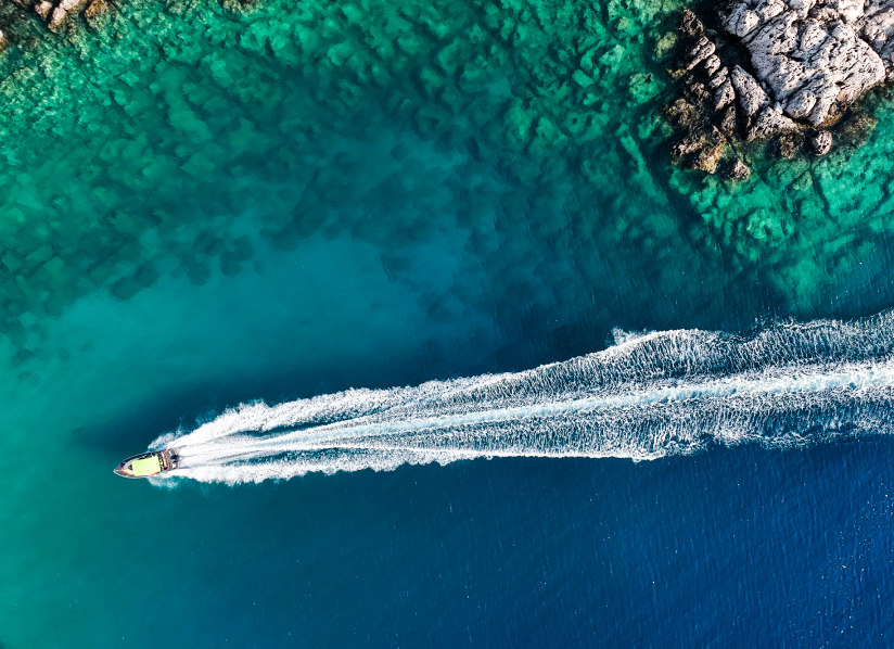 Aerial image of a powerboat on the ocean